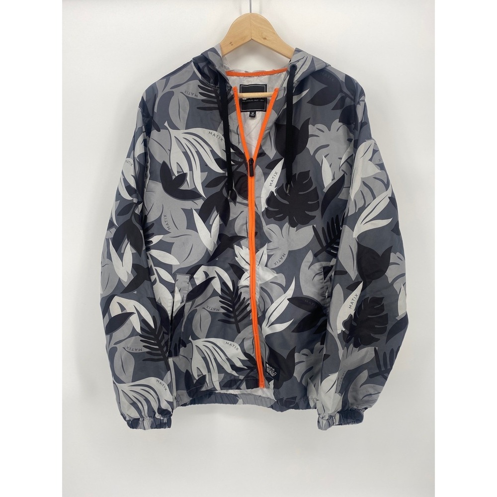 Matix Windbreaker Mens Medium Grey Floral Leaf Hooded Full Zip Jacket Excellent